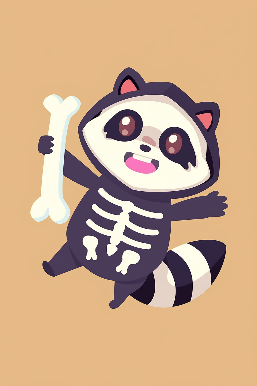 halloween cute animals drawings 2: Illustration of a raccoon in a skeleton costume holding a bone.